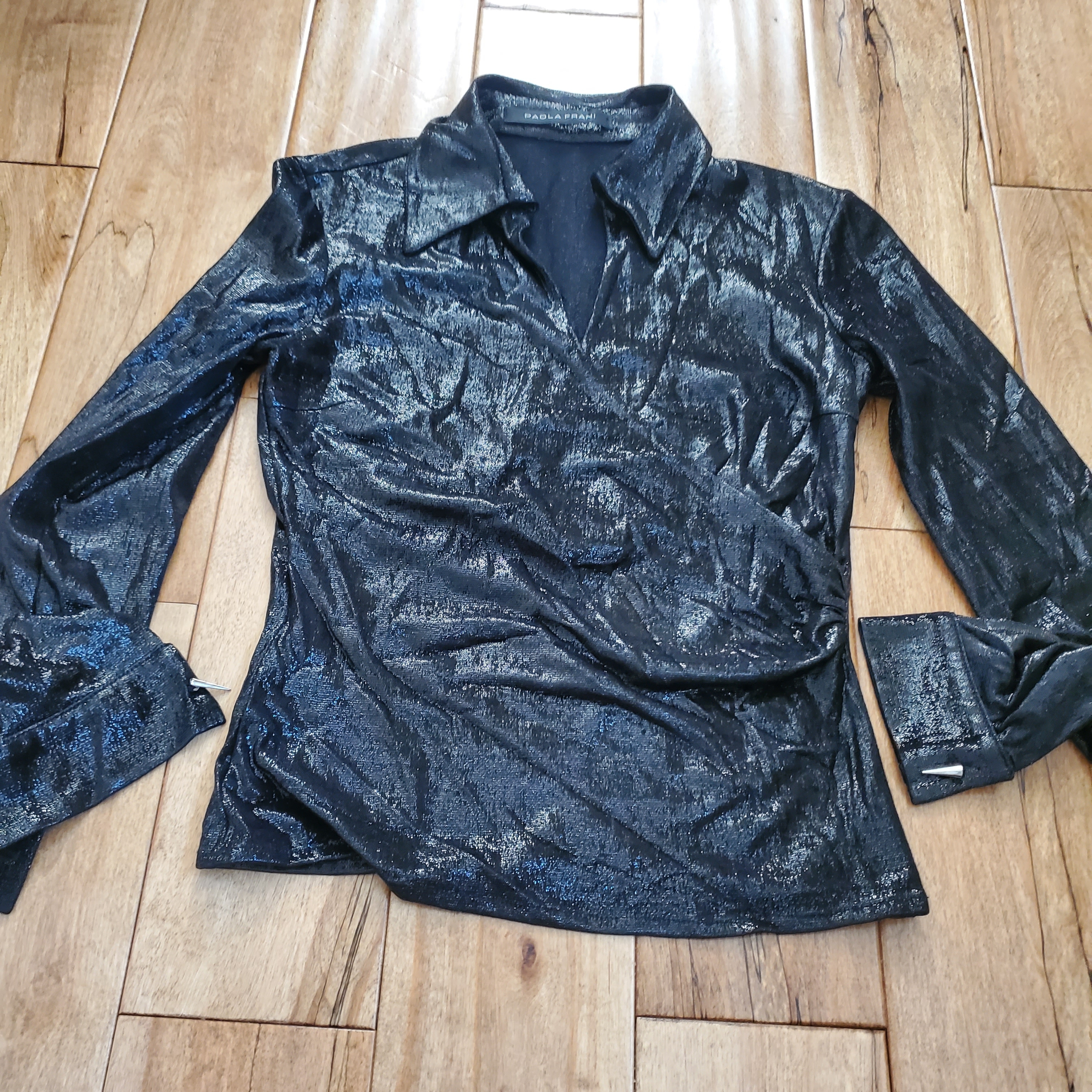 Paola Frani Y2k Shimmering Black Top With Silver Womens Sz 8